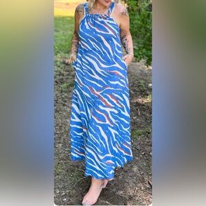 LuLaRoe Sandy Halter Tie Neck Maxi Dress Blue Animal Print SZ S NWT